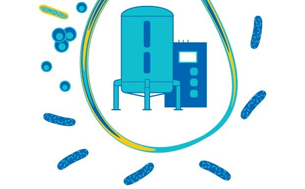 Mycoplasma Bacteria Virus with CCM 蓝色水过滤罐和控制装置,被艺术化的水分子和过滤基质颗粒围绕,代表培养基过滤过程。