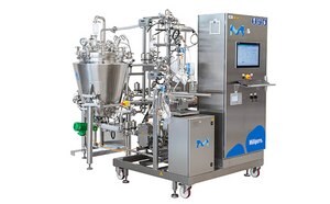 a complex industrial machine, primarily grey with blue accents, featuring a large stainless steel mixing bowl, a control panel with buttons and a screen, and additional mechanical parts such as pipes and valves.