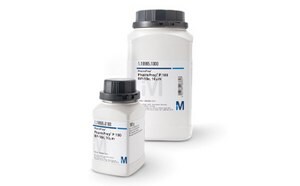 Two bottles of chromatography resins, one small and one large, labeled for reverse phase/normal phase applications, with a white and blue label design featuring the ‘M’ logo.