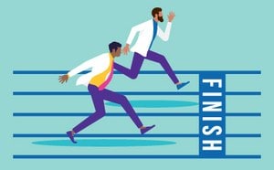 Increased speed in sampling Scientists in lab coats sprinting towards a finish line, illustrating in an abstract way speed in a process.