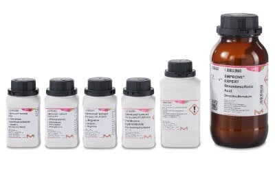 Viscosity Reduction Platform Test Kit Update A collection of six laboratory chemical bottles with labels on a white background.