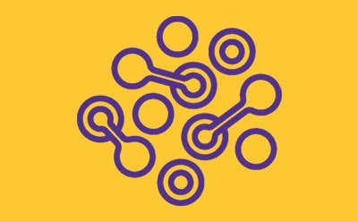 A graphic representation featuring a pattern of interconnected purple circles and lines on a yellow background. The design resembles a simplified molecular structure or a network diagram, suggesting themes of interconnectivity or relationships.