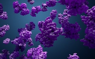 Protein Enzyme 一张在深蓝色背景中漂浮着无数紫色、不规则形状蛋白质结构的3D渲染图,动态而抽象地展示了分子生物学。