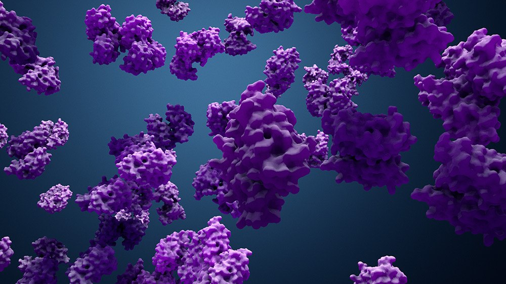 The image is a 3D rendering of intricate purple protein molecules floating against a deep blue background. The molecules vary in size and are scattered throughout, with a complex structure featuring multiple protrusions and cavities. They are highlighted by the lighting, giving them a glossy appearance.