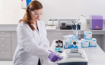 Western blotting using the SNAP i.d.® 2.0 protein detection system 在器具完备的实验室中,穿戴白大褂和紫色手套的人员正在使用膜免疫检测装置,周围是各种实验室设备和耗材,说明免疫检测过程的严密精心。