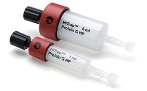 The image depicts two HiTrap Protein G HP syringes used for protein purification. One syringe has a capacity of 5 ml and the other 1 ml. Both have a white body, red caps, and black plungers, and are set against a white background. The larger syringe is labeled “HiTrap™ 5 ml Protein G HP” and the smaller one “HiTrap™ 1 ml Protein G HP”.
