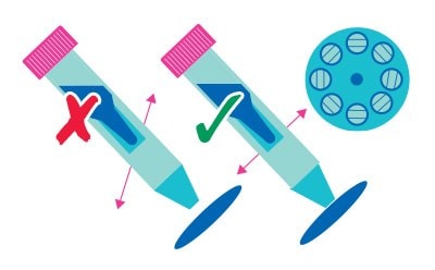 Two laboratory tubes are depicted side by side. The left tube has a red "X" mark, indicating an incorrect position, while the right tube has a green checkmark, signifying the correct orientation. A circular component with multiple holes is shown in the background. Two laboratory tubes are depicted side by side. The left tube has a red "X" mark, indicating an incorrect position, while the right tube has a green checkmark, signifying the correct orientation. A circular component with multiple holes is shown in the background.