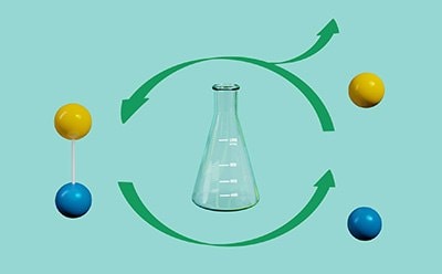 Modify step of glycobiology workflow with a depiction of modifying glycan structures. Erlenmeyer flask in the middle of a circular process workflow with glycans linked to the left and glycans broken apart on the right.