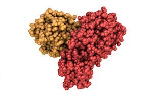 3D molecular structure with clusters of red and gold spheres representing different atoms or molecules.