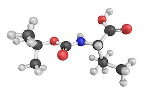 The image depicts a 3D molecular model with atoms represented by colored spheres—white, black, red, and blue—connected by rods to illustrate complex molecular bonds, suitable for educational or scientific purposes.