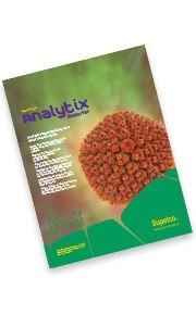 Cover of “Analytix Reporter” against a green background, showcasing a close-up of a red spherical microorganism. 