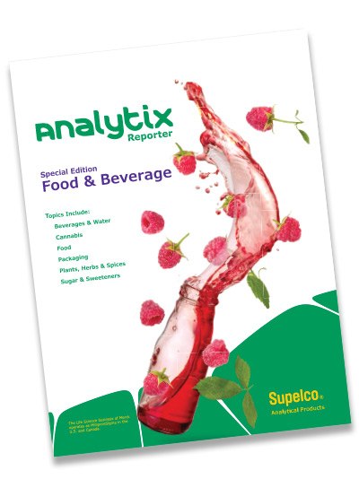 Cover of “analytix Reporter” special edition magazine, which focuses on Food & Beverage. It features a dynamic splash of red liquid, possibly juice, with raspberries floating around it.