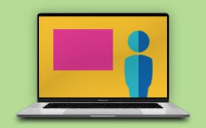A digital illustration of a laptop displaying a simplistic human figure next to a pink rectangle, all set against a yellow background.