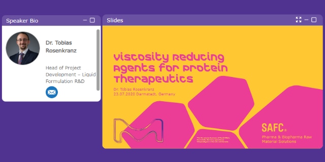 Title slide webinar “The Viscosity Reduction Plaform: Enabling Subcutaneous (subQ) Delivery” & speaker information