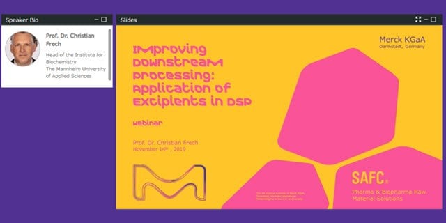 Title slide webinar “Improving Downstream Processing: Application of Excipients in DSP” & speaker information