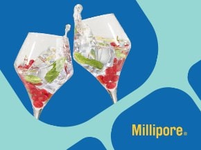 with a light teal background and blue headline text on the left, two wine glasses with colorful liquid on the right