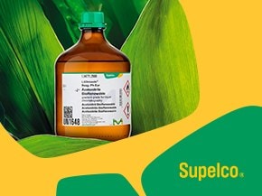 featuring a brown glass bottle with a green cap, labeled with safety and usage information. The bottle is set against a backdrop of vibrant green leaves, emphasizing a natural theme. The Supelco logo is displayed in the bottom right corner, highlighting the brand associated with the product.