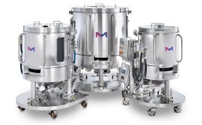 Three different sized stainless steel Mobius® Power MIX single-use mixers; medium on left, large in center, and small on right.