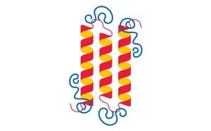 Diagram of three parallel α helices coated with flexible PEG chains forming a hydrated steric shield around the protein structure.