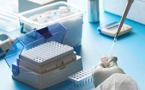 Preparation of a gel electrophoresis of rRNA in water A laboratory scene showing a gloved hand using a pipette to transfer purified water into a sample tube, with various lab equipment in the background.