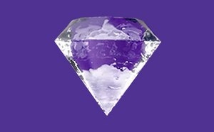 Image with purple background and a water drop in the shape of a diamond. 