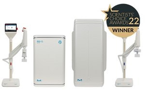 Milli-Q® IQ 7003/05/10/15 water purification system on white background and logo of Scientist's choice awards 22 winner in the upper part of the right corner.