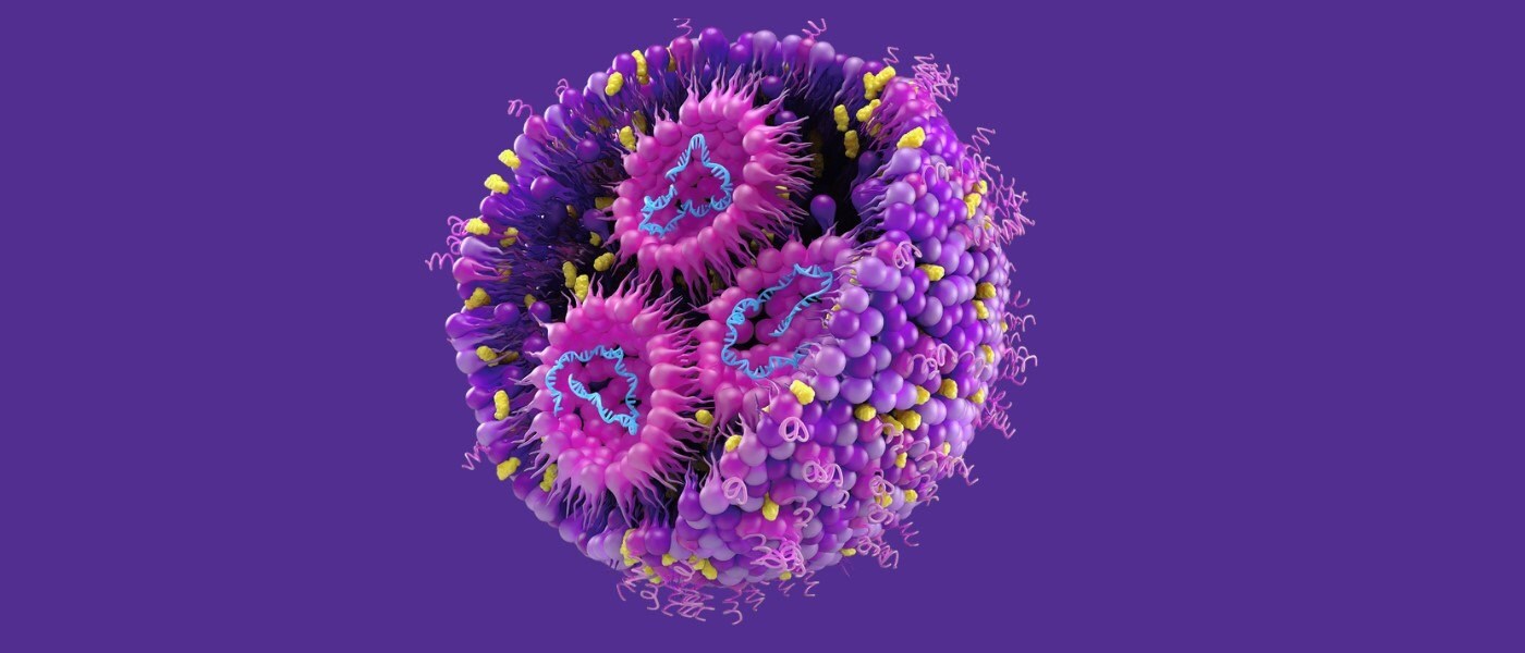 LNP Graphic Rendering 脂质纳米颗粒(内部由不同的脂质和 mRNA 组成)背景。