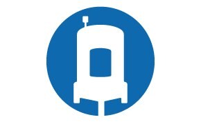 A white bioreactor silhouette inside a blue circle, symbolizing bioprocessing technology.
