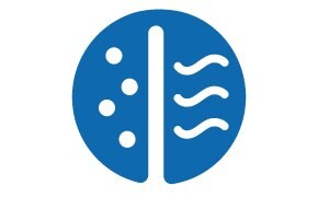 A blue circle featuring a split design with dots and waves, representing air filtration.