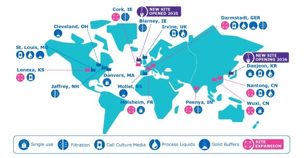This image shows a map of our filtration, cell culture media, process liquids, single-use manufacturing sites across Americas, EMEA, and APAC regions.