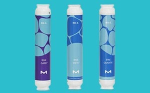 Milli-Q® products Gard, Meta and Quant on background in vibrant cyan.