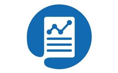 A blue circle with a white icon of a document with a graph at its center.