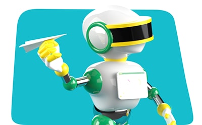 A stylized illustration of a robot with a white and green color scheme, holding a paper airplane in its right hand. The robot has a round head with a visor-like eye, and its body appears to be made of various geometric shapes. The background is a simple blue with rounded corners. A stylized illustration of a robot with a white and green color scheme, holding a paper airplane in its right hand. The robot has a round head with a visor-like eye, and its body appears to be made of various geometric shapes. The background is a simple blue with rounded corners.