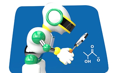 A graphic of a stylized robot with a white body, green joints, and yellow accents on its head and hands. The robot is holding a magnifying glass in one hand, examining a molecular structure that is floating in the air to its right. The molecular structure consists of black lines representing bonds between red, white, and grey spheres which represent oxygen, hydrogen, and carbon atoms respectively. A graphic of a stylized robot with a white body, green joints, and yellow accents on its head and hands. The robot is holding a magnifying glass in one hand, examining a molecular structure that is floating in the air to its right. The molecular structure consists of black lines representing bonds between red, white, and grey spheres which represent oxygen, hydrogen, and carbon atoms respectively.