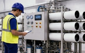 Industrial reverse osmosis water treatment system with membrane housings and a control panel, representing water recovery and reduced water intake.