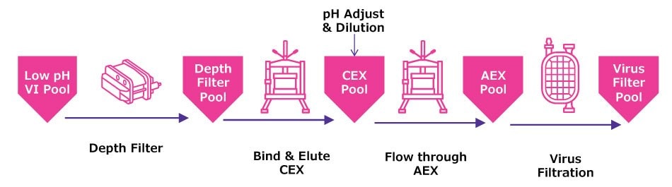 Downstream Polishing; Traditional Batch Operations Flowchart illustrating the purification process in biomanufacturing, showing the progression from Low pH VI Pool through Depth Filter Pool, CEX Pool with pH adjustment and dilution, AEX Pool, and culminating in Virus Filtration. Each step is represented with directional arrows and labeled with key processes.
