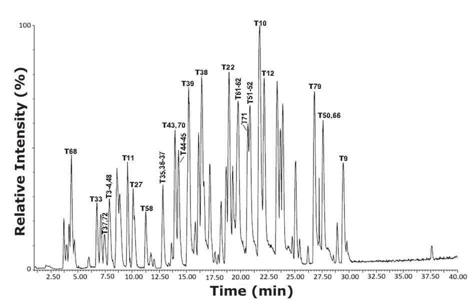 Base peak chromatogram (BPI) of tryptic peptides from bovine serum albumin (cow) using the RPLC mode gradient conditions. A base peak chromatogram from the analysis of tryptic peptides derived from bovine serum albumin at a concentration of 10 pmol/μL, obtained using reverse-phase liquid chromatography (RPLC) mode with gradient elution. The horizontal axis represents retention time in minutes, ranging from 2.5 to 40, and the vertical axis displays relative intensity in percentage, from 0 to 100. The chromatographic trace shows a series of well-resolved peaks, each corresponding to distinct peptide fragments, with labels such as T68, T33, T13, T4, T48, T11, T27, T58, T35, T36, T37, T43, T70, T44, T45, T38, T39, T22, T61, T62, T71, T51, T52, T10, T12, T79, T50, T66, and T9. The most intense peak, labeled T10, appears at approximately 21 minutes, indicating the dominant peptide in this analysis. Peaks are distributed broadly across the entire time range, with clustering observed between 10 and 30 minutes, highlighting the complexity and resolution capability of the RPLC method for peptide separation. The sharpness and varying heights of the peaks demonstrate good separation efficiency and sensitivity of detection.