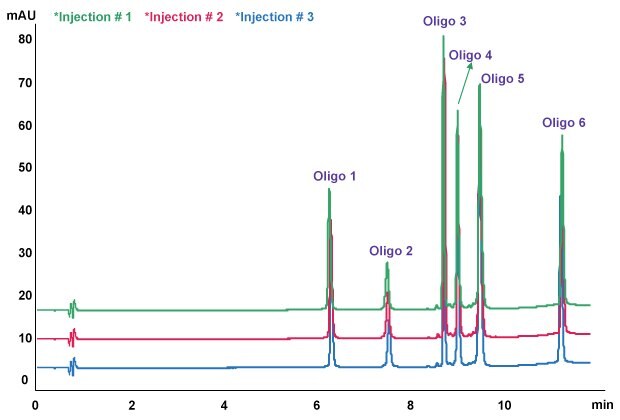 An overlay of three injections showing Oligo Standard 6 separation on Chromolith® High-Resolution RP-18e, 100 x 2.0 mm column with 3 µL of injection volume