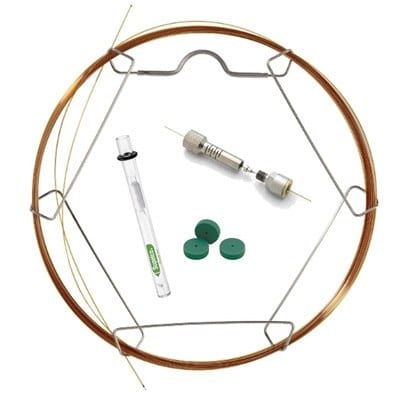 Gas chromatography column with fittings, syringe, and accessories for sample injection and analysis