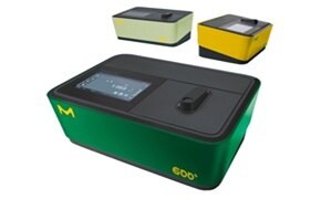 three models of Spectroquant® spectrophotometers: Prove 100 plus, Prove 300 plus, and Prove 600 plus. Each device has a sleek, modern design with a rectangular body. The largest model in the foreground, Prove 600 plus, is green with a black top and features a touchscreen interface displaying measurement data, as well as a slot for sample insertion. The top right corner of the device has a yellow "M" logo and "600+" printed in bold yellow on the front corner. Two smaller models, Prove 100 plus and Prove 300 plus, are placed in the background. Prove 100 plus is light green with a black top, while Prove 300 plus is yellow with a black top. Both also feature touchscreens and the "M" logo.