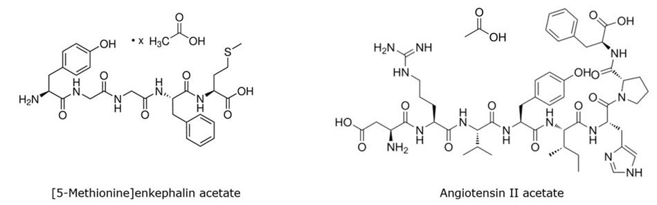 Structures of two peptides Chemical structures of methionine enkephalin acetate,and angiotensin II acetate peptides in HPLC standard mix.