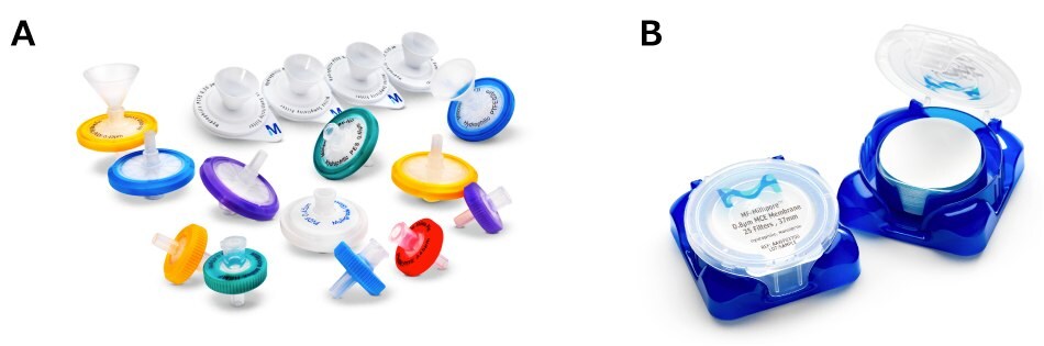 On the left side, photograph of syringe filters in various colors. On the right side, product photograph of Millipore® cut disc filter membranes in packaging.