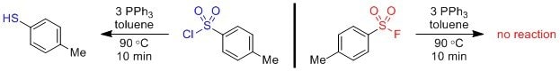 耐还原：与其他卤化物相比，磺酰氟的裂解是异质的，因此具有耐还原能力。1