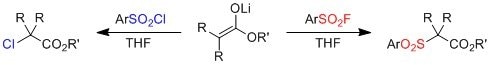 硫的排他反应：与磺酰氯相比，磺酰氟的化学反应速度快，而且只能选择性地生成磺化产物。1