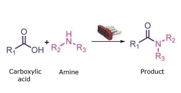Reaction scheme showing a carboxylic acid reacting with a secondary amine to form an amide.