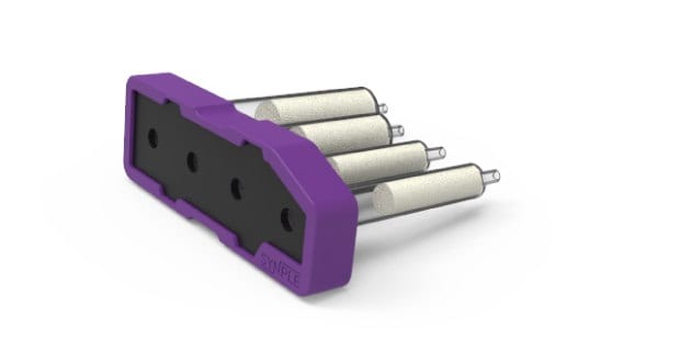 Purple Synple fluorination cartridge with a black central section and four aligned reagent vials.