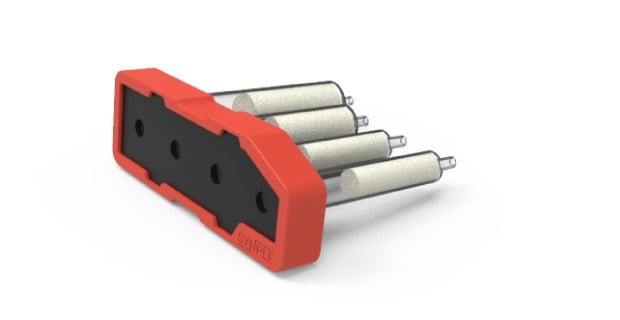 Red-orange Synple heterocycle formation cartridge with a black middle panel and four reaction vials.