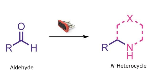 Reaction scheme showing formation of an N-heterocycle from an aldehyde and an amine precursor.