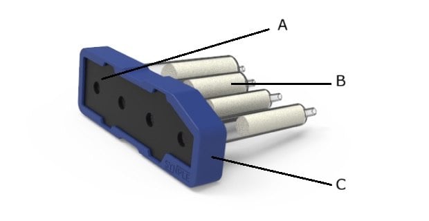 Blue Synple azide protection cartridge featuring a black center panel and four aligned reaction vials.
