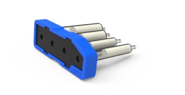 Bright blue Synple Suzuki coupling cartridge featuring a black central panel and four reagent vials.
